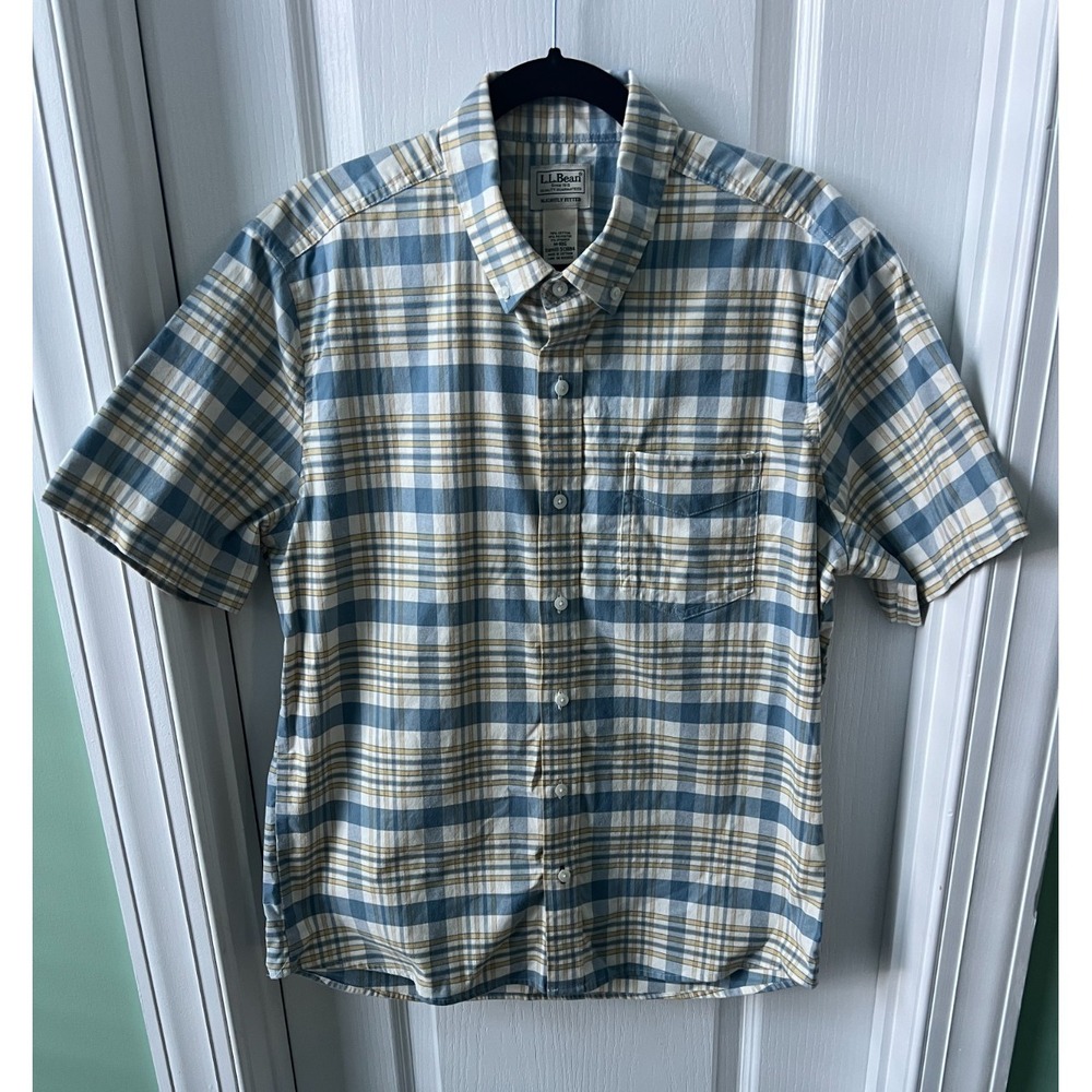 LL Bean Comfort Stretch Oxford Slightly Fitted Plaid Short Sleeve Size M